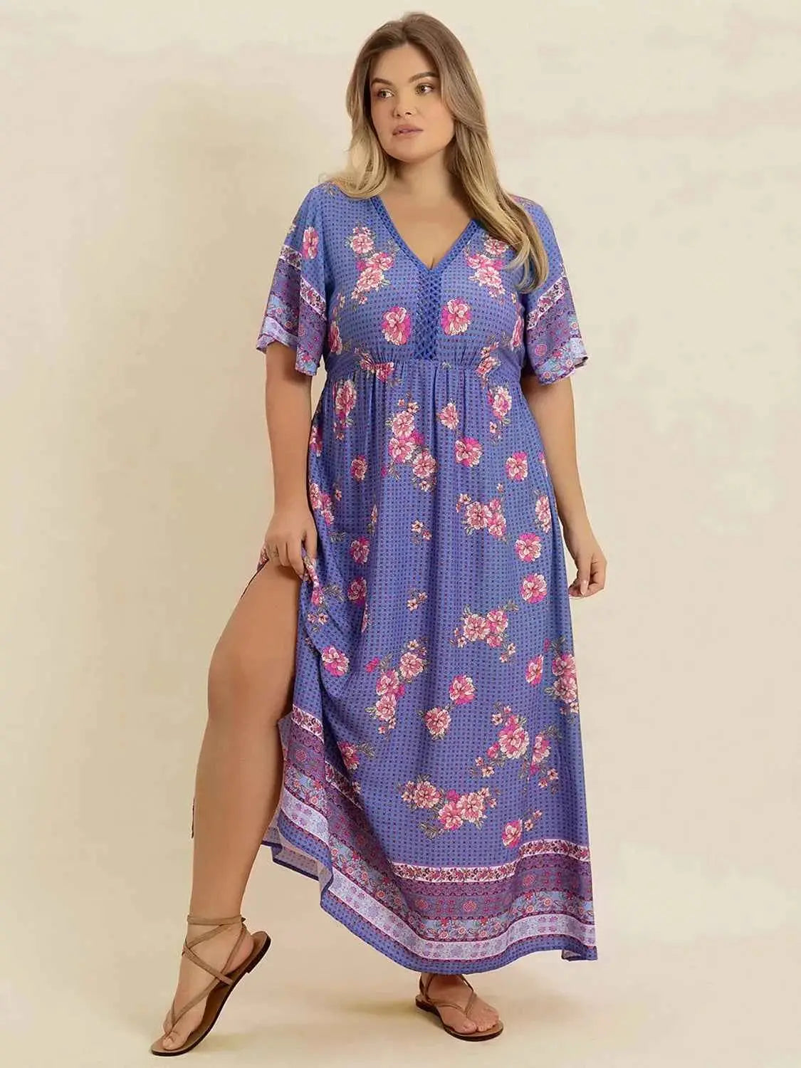Plus Size Printed V-Neck Flutter Sleeve Dress
