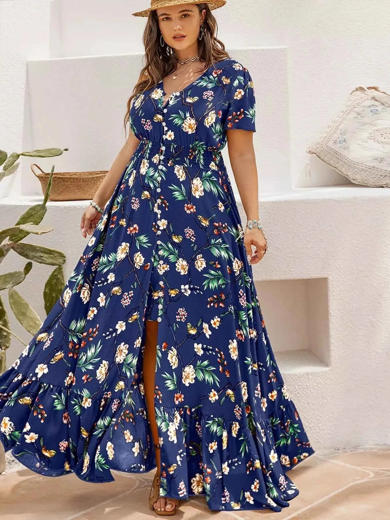 Plus Size Floral V-Neck Short Sleeve Maxi Dress