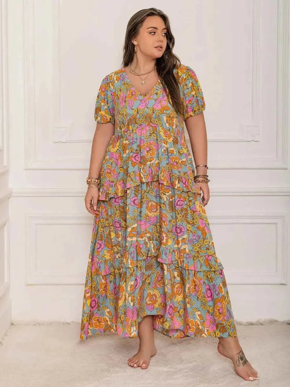 Plus Size Printed V-Neck Short Sleeve Maxi Dress