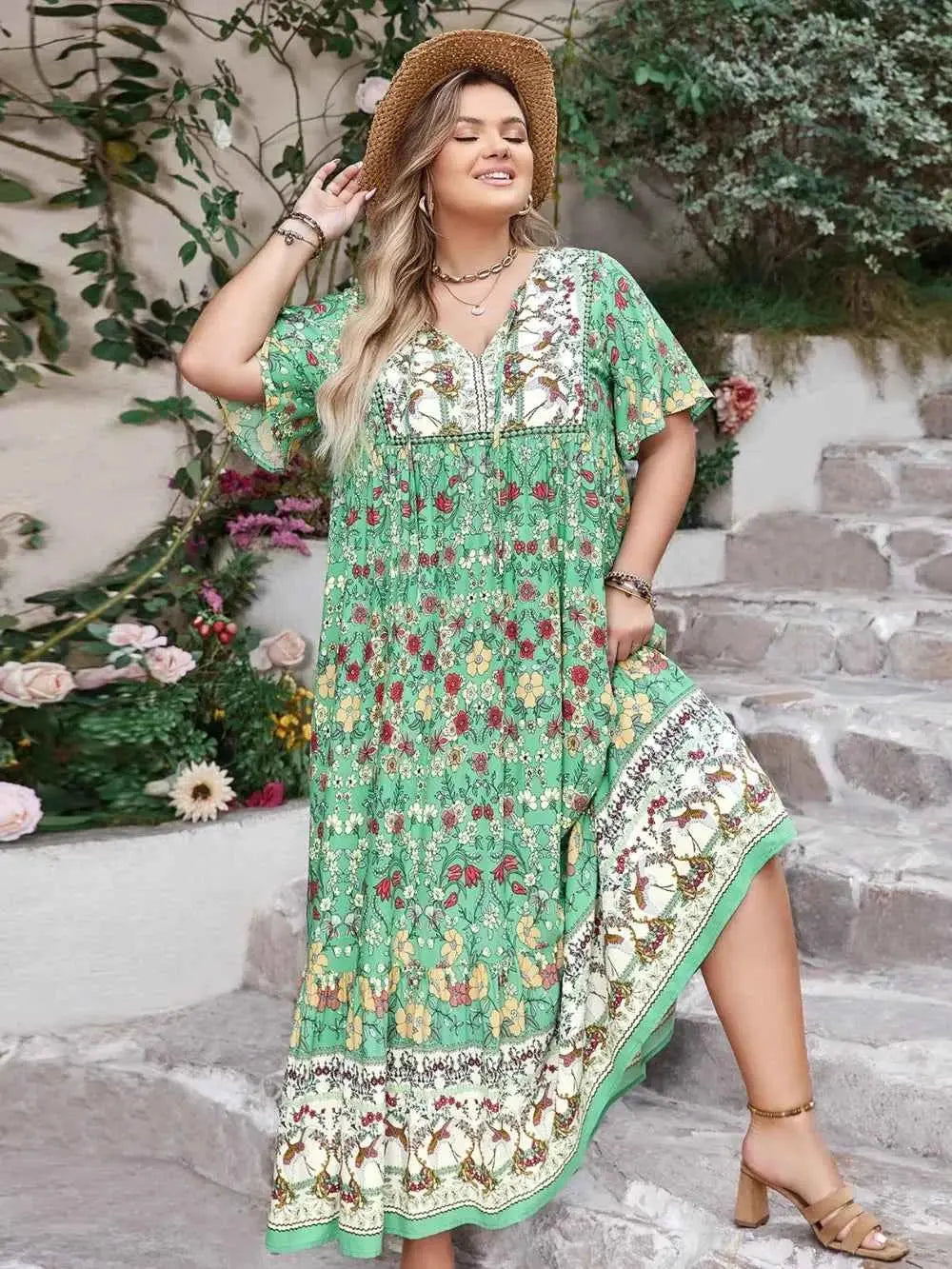 Plus Size Floral Tie Neck Flutter Sleeve Maxi Dress