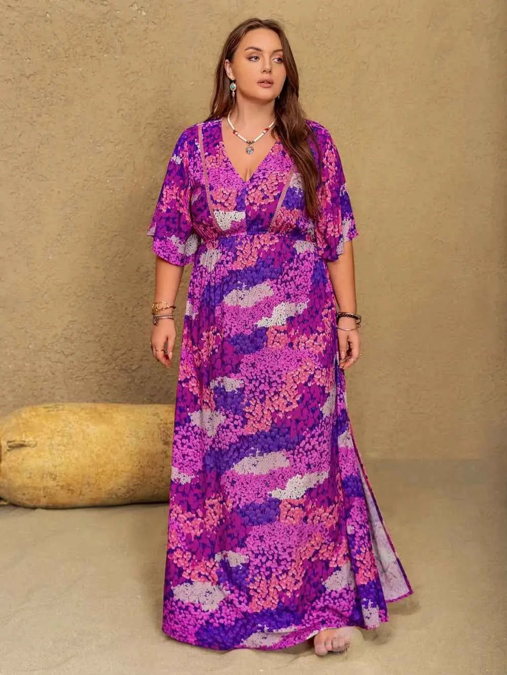 Plus Size Slit Printed Half Sleeve Maxi Dress