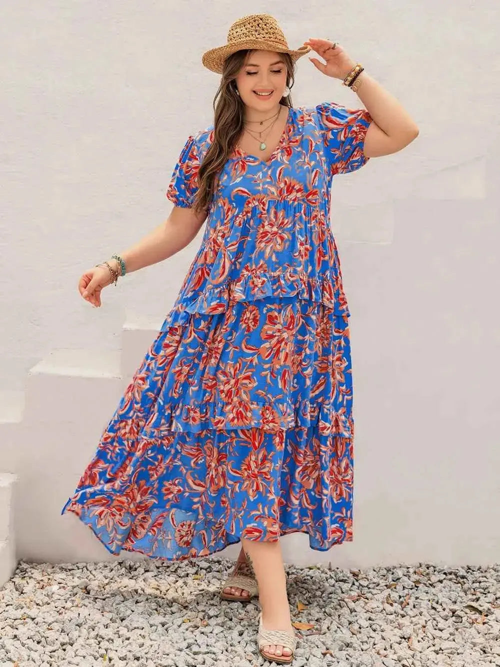 Plus Size Ruffled Printed V-Neck Short Sleeve Maxi Dress