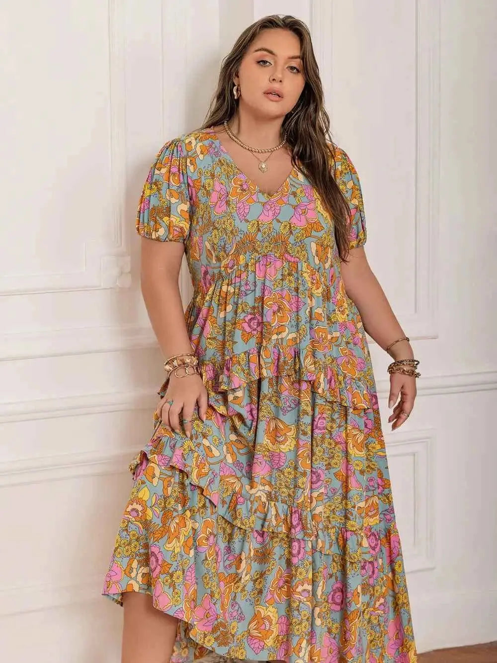 Plus Size Printed V-Neck Short Sleeve Maxi Dress