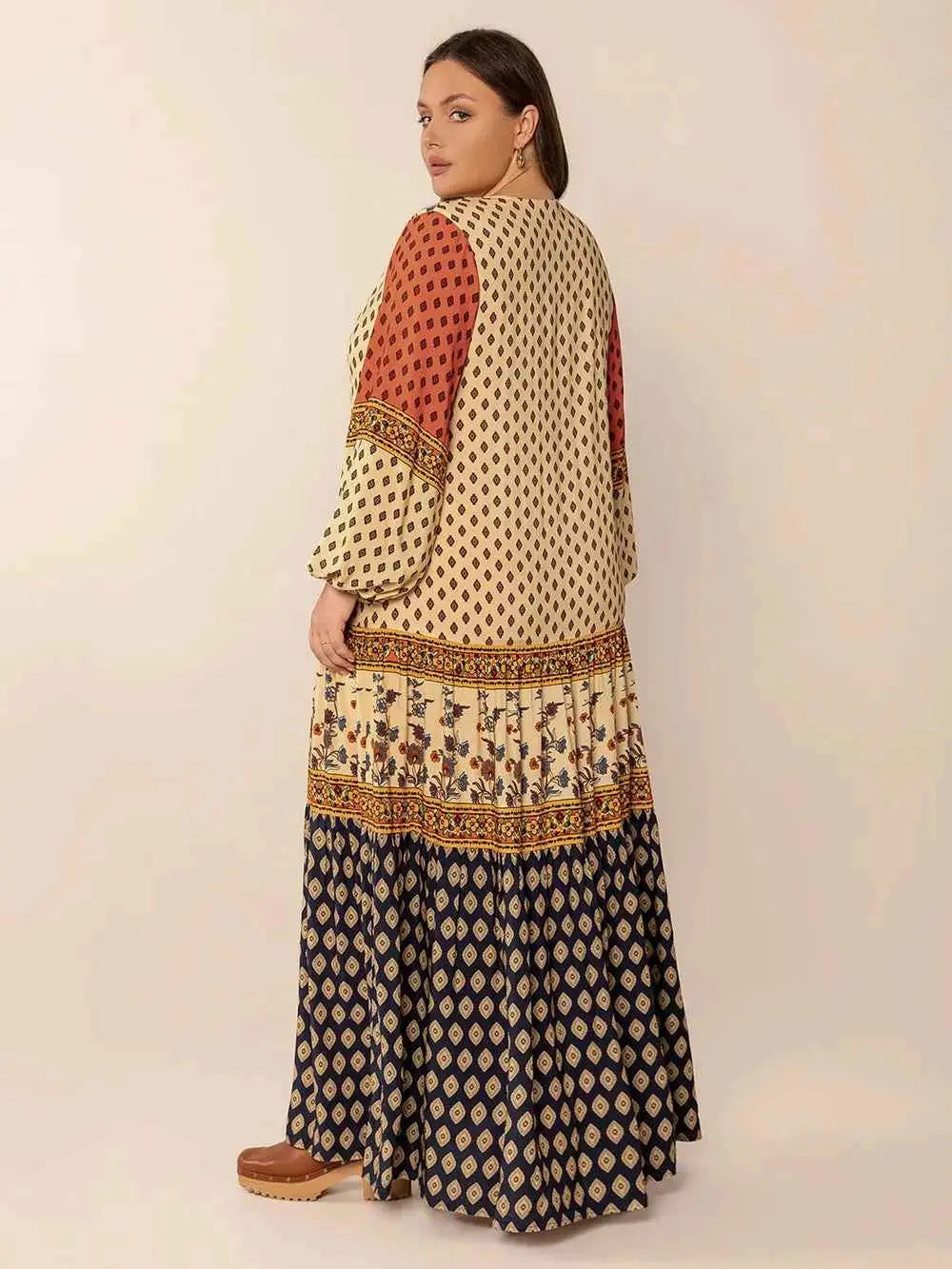 Plus Size Printed V-Neck Long Sleeve Maxi Dress