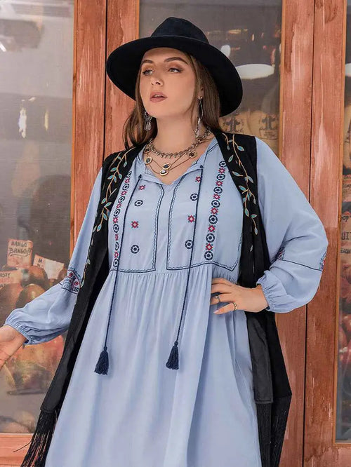 Plus Size Tie Neck Tassel Detail Long Sleeve Mini Dress