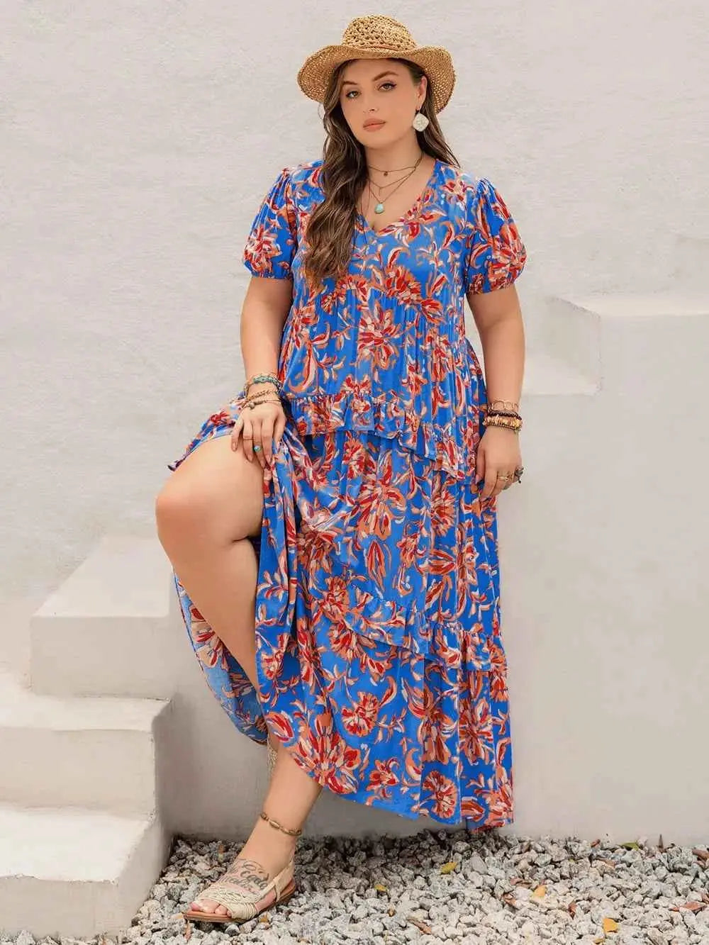 Plus Size Ruffled Printed V-Neck Short Sleeve Maxi Dress