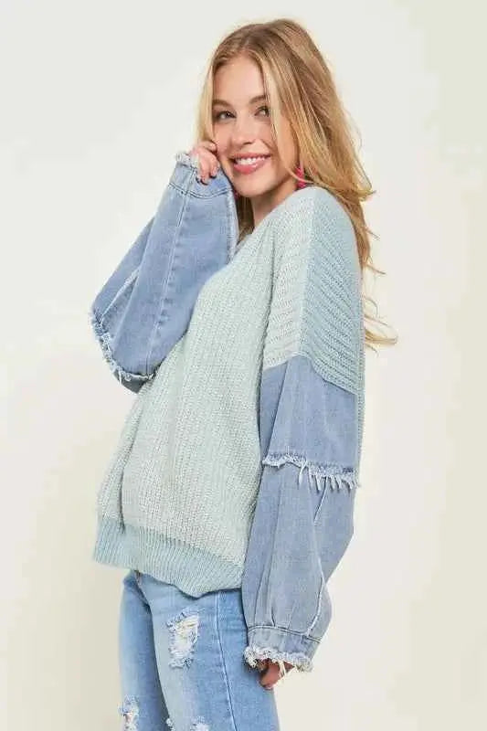 ADORA Plus Size Frayed Denim Sleeve Sweater Top