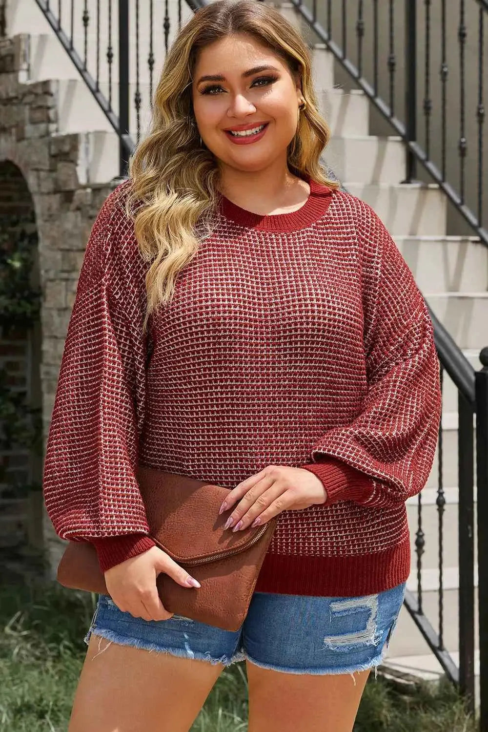 Plus Size Waffle-Knit Round Neck Dropped Shoulder Sweater