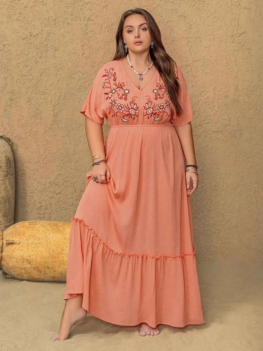 Plus Size Frill Embroidered V-Neck Half Sleeve Maxi Dress