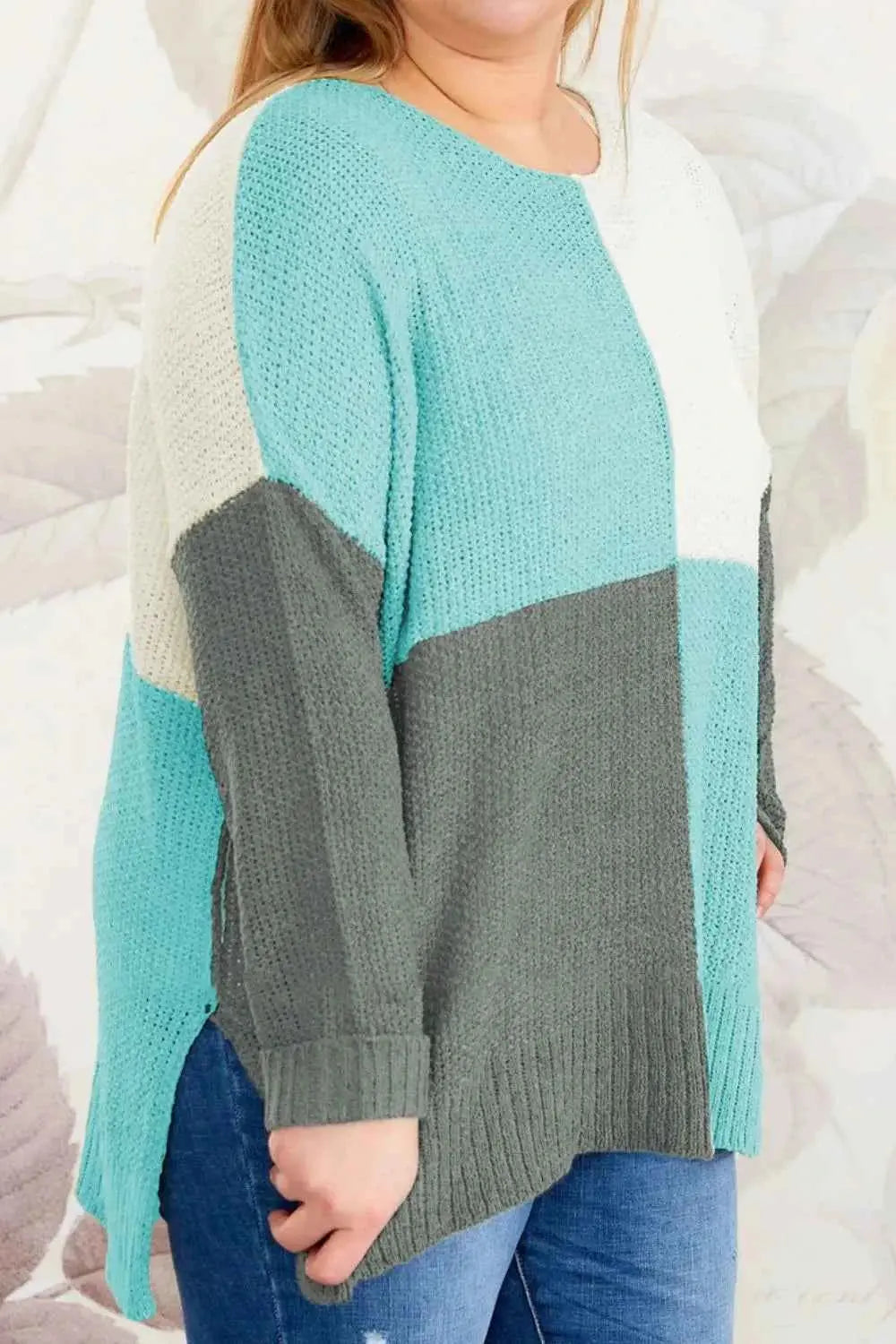 Plus Size Color Block Round Neck Sweater