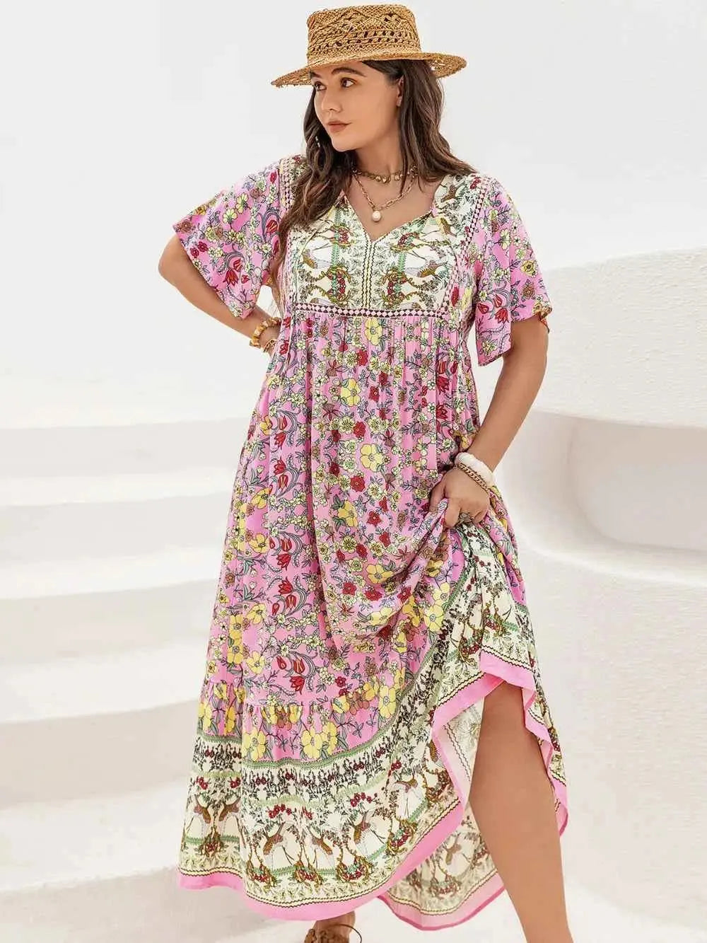 Plus Size Floral Tie Neck Flutter Sleeve Maxi Dress
