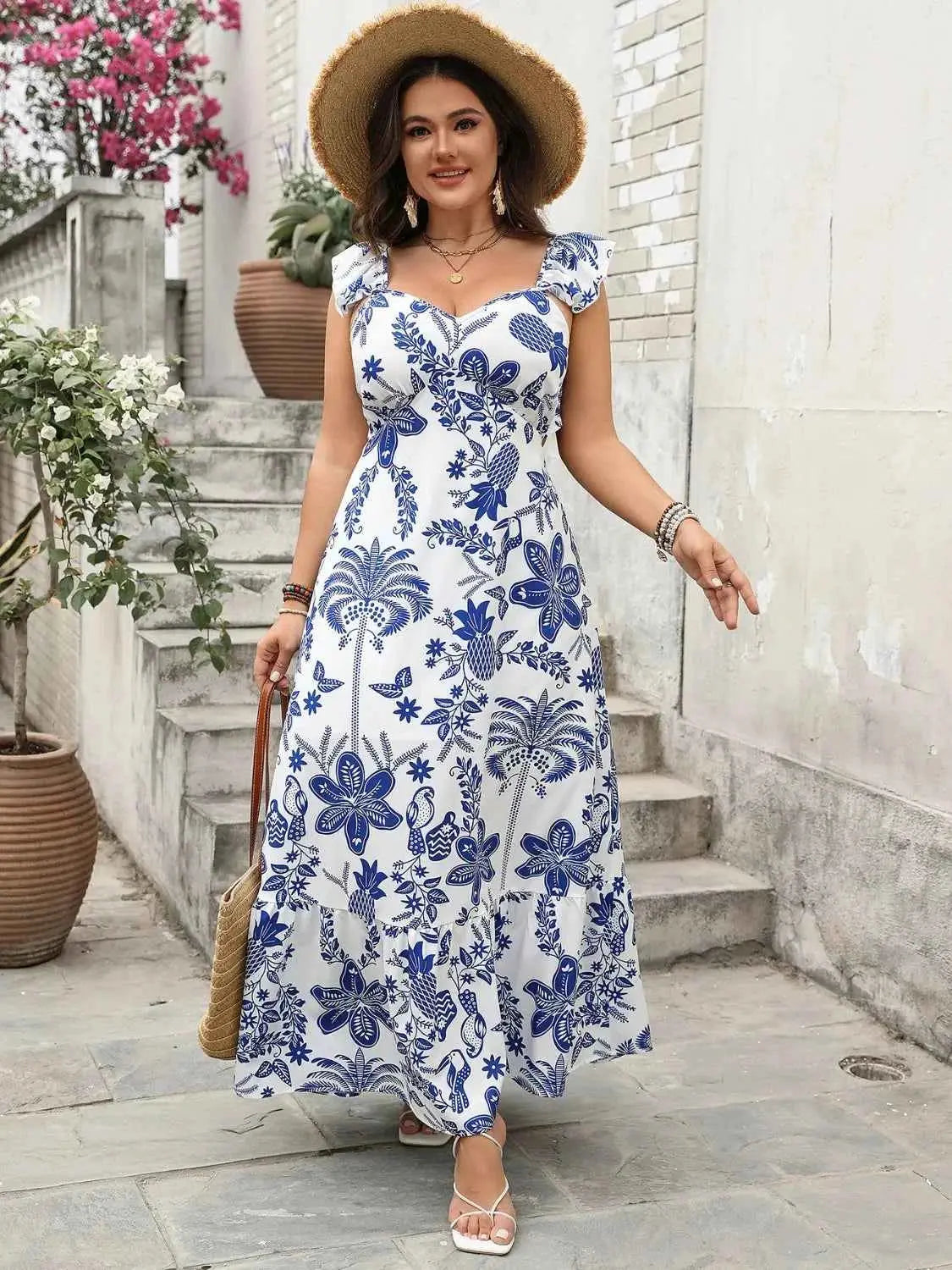 Plus Size Ruffled Printed Sweetheart Neck Maxi Cami Dress