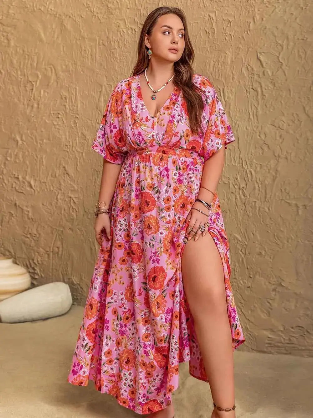 Plus Size Slit Floral V-Neck Half Sleeve Maxi Dress