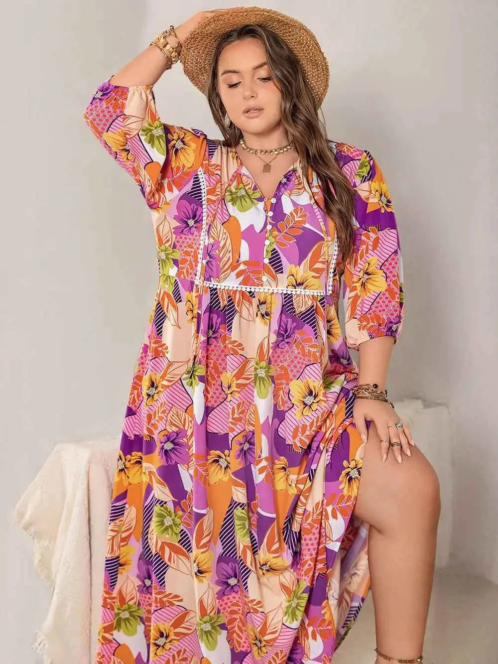 Plus Size Printed Tie Neck Maxi Dress
