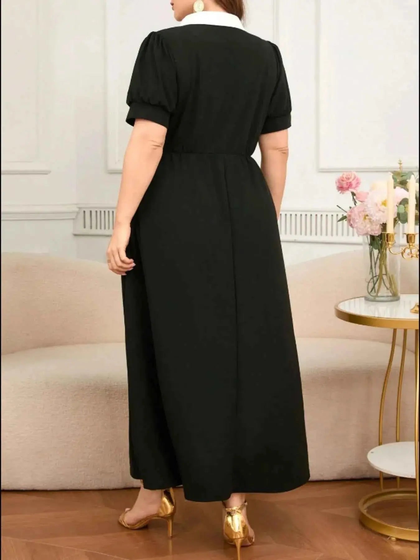 Plus Size Contrast Collar Short Sleeve Dress