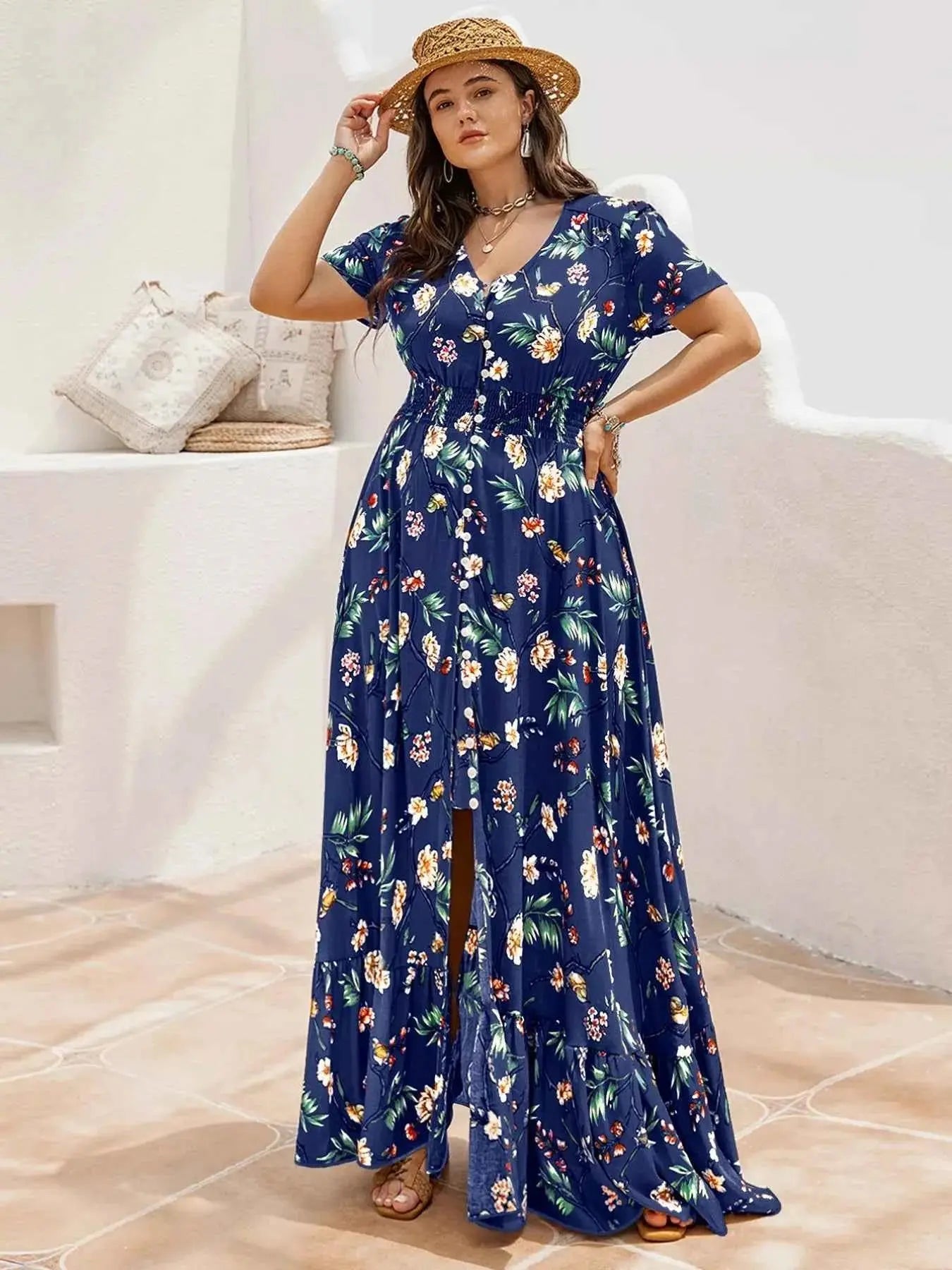 Plus Size Floral V-Neck Short Sleeve Maxi Dress