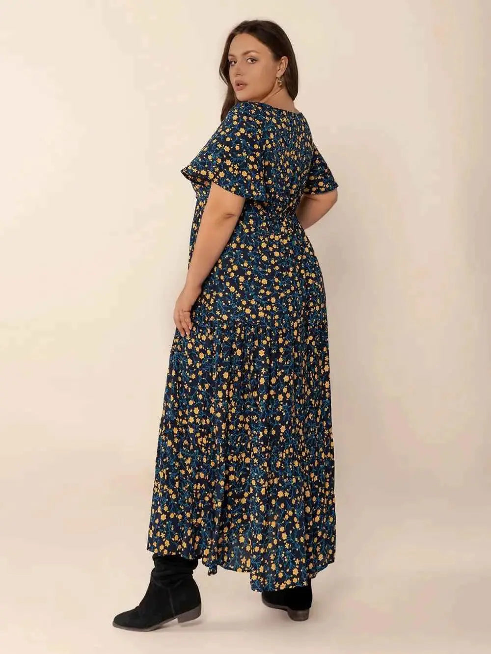 Plus Size Printed Short Sleeve Slit Tiered Maxi Dress