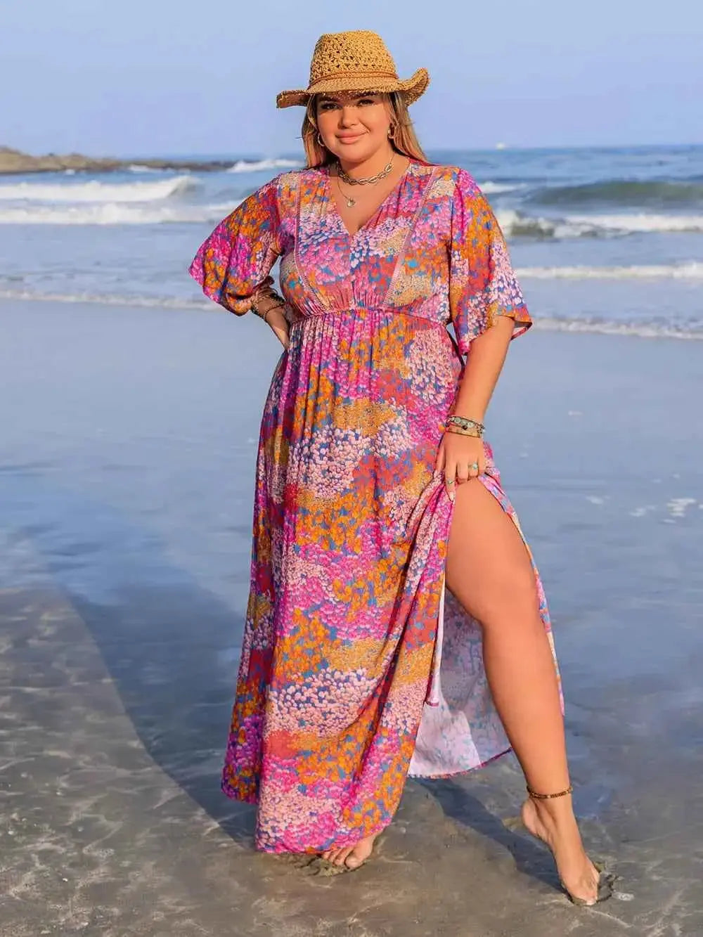 Plus Size Printed V-Neck Half Sleeve Maxi Dress