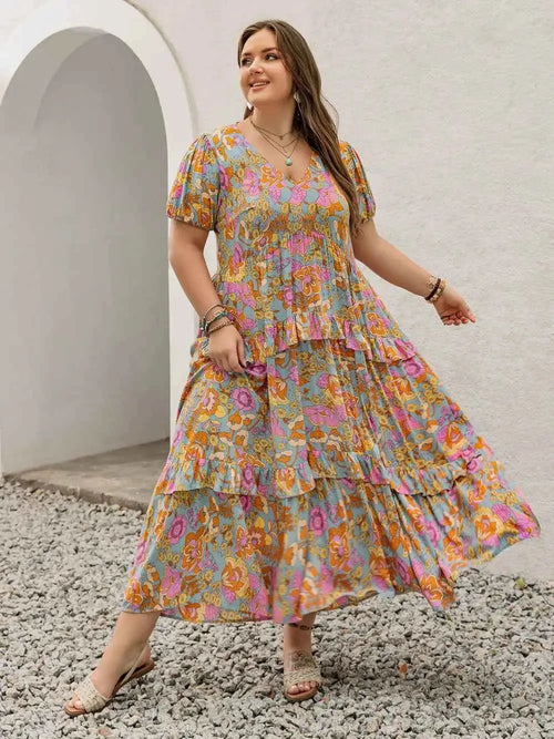 Plus Size Printed V-Neck Short Sleeve Maxi Dress