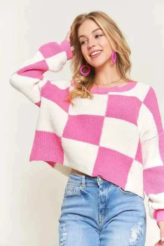 ADORA Plus Size Comfy Checkered Colorblock Sweater Top