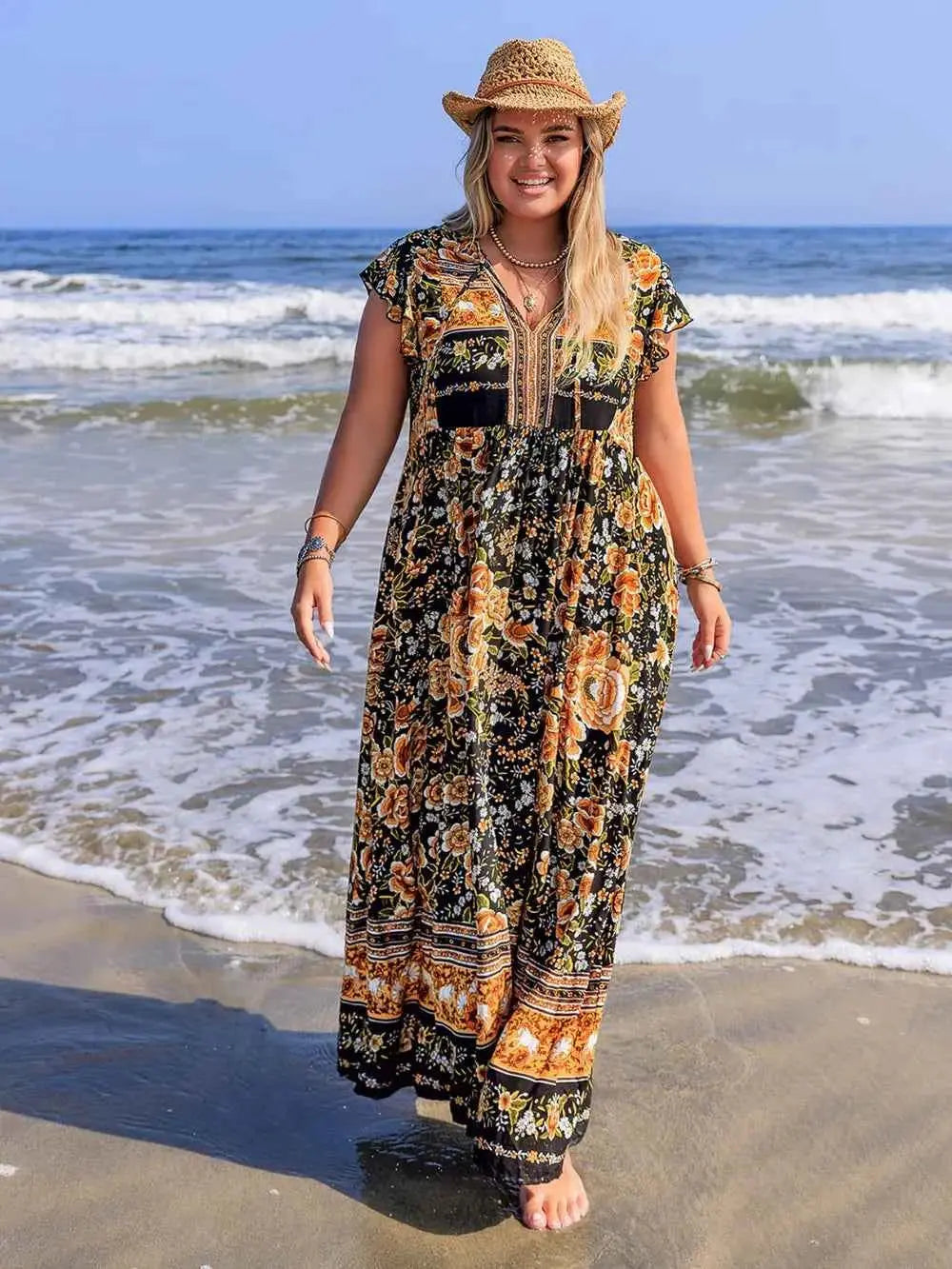 Plus Size Printed V-Neck Ruffle Cap Sleeve Maxi Dress