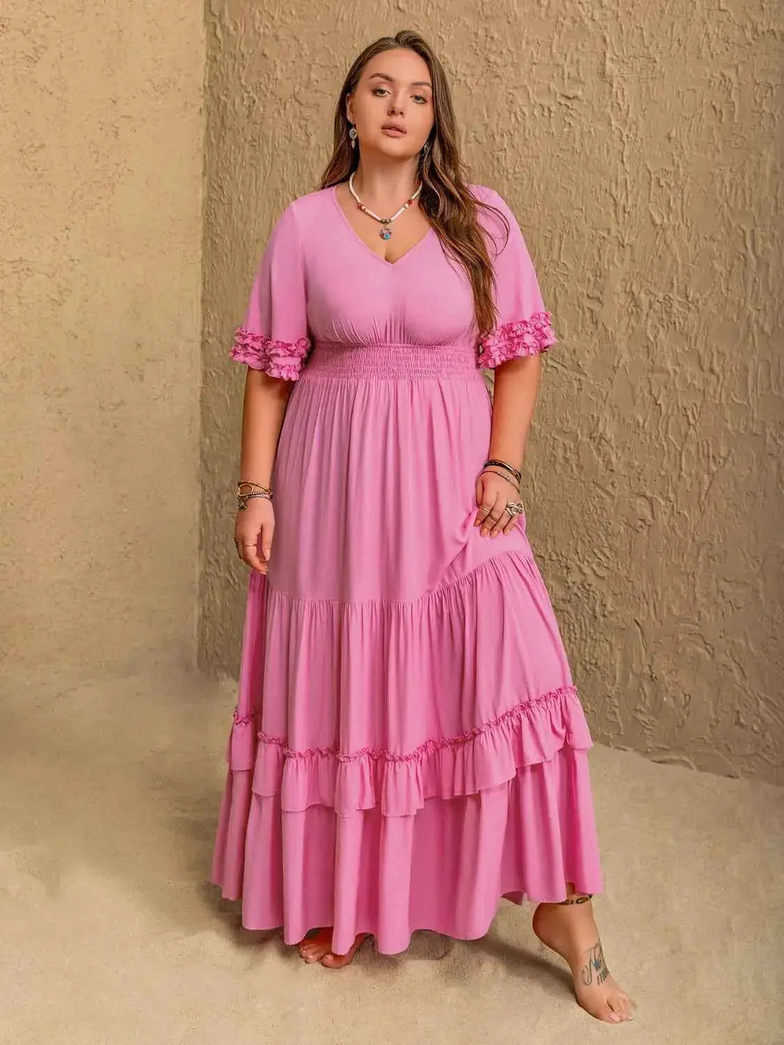 Plus Size V-Neck Half Sleeve Maxi Dress