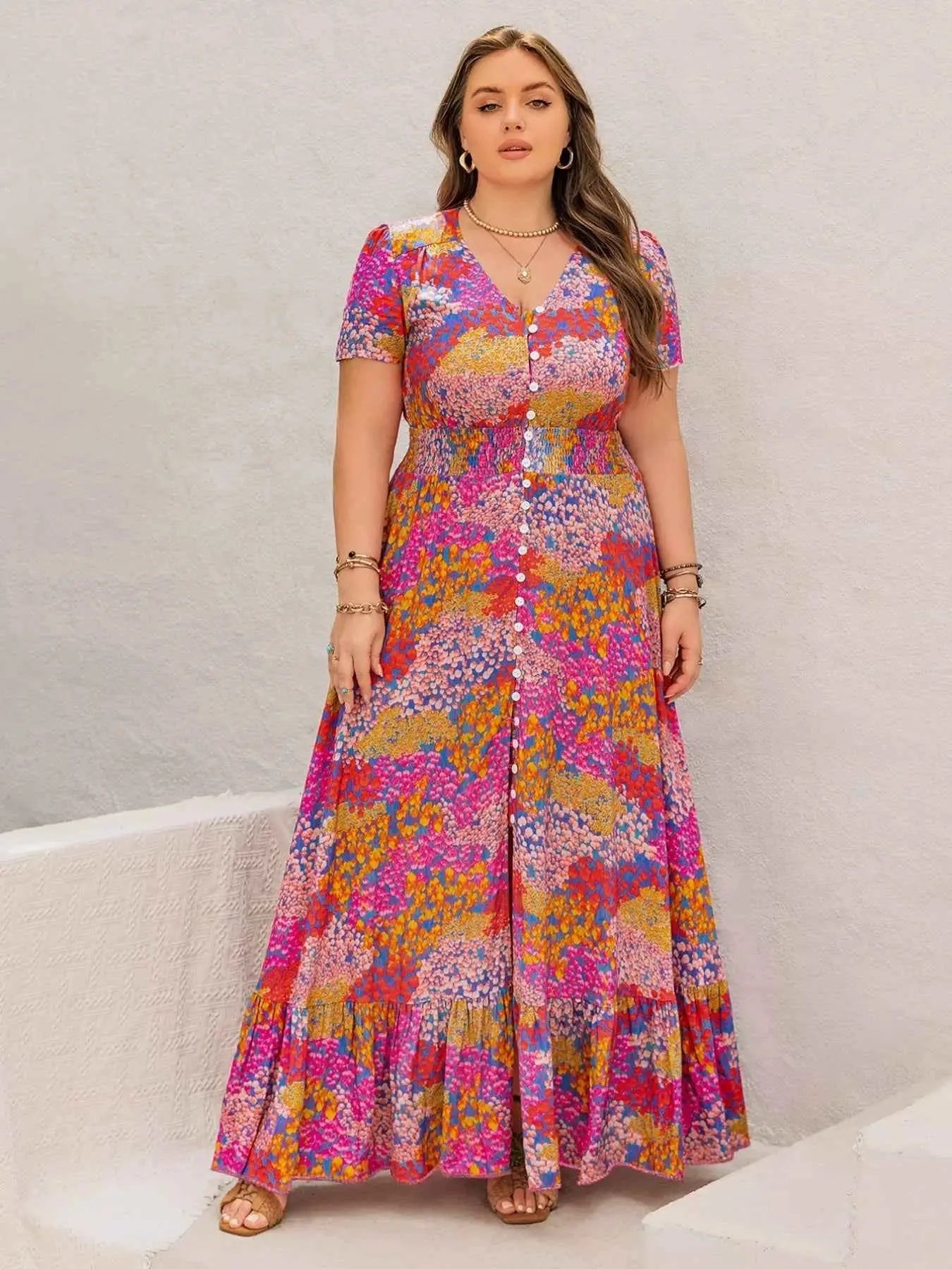 Plus Size Printed V-Neck Short Sleeve Maxi Dress