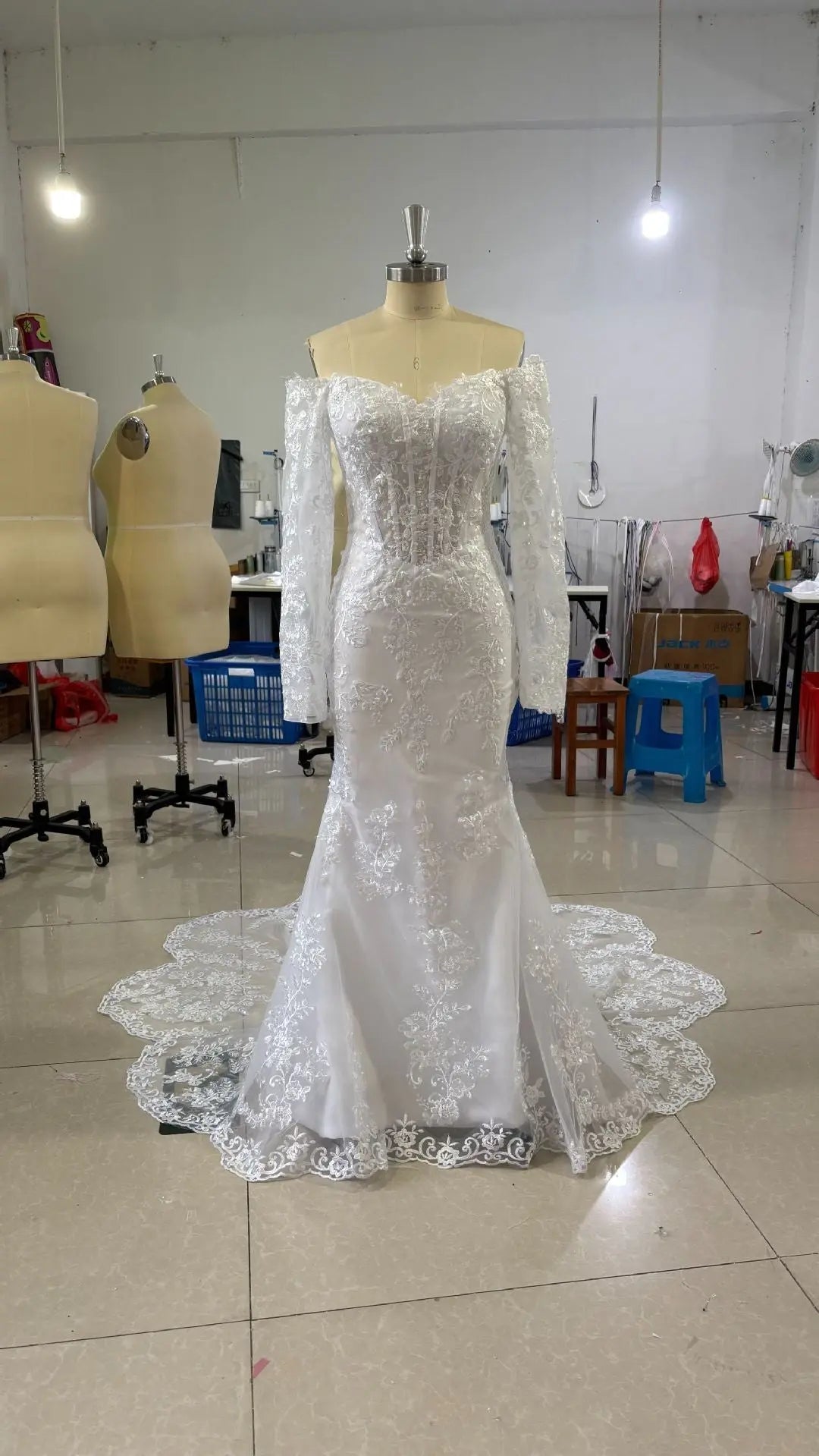 Plus size Off-shoulder Lace Long Sleeve Fishtail Gown - Shidly