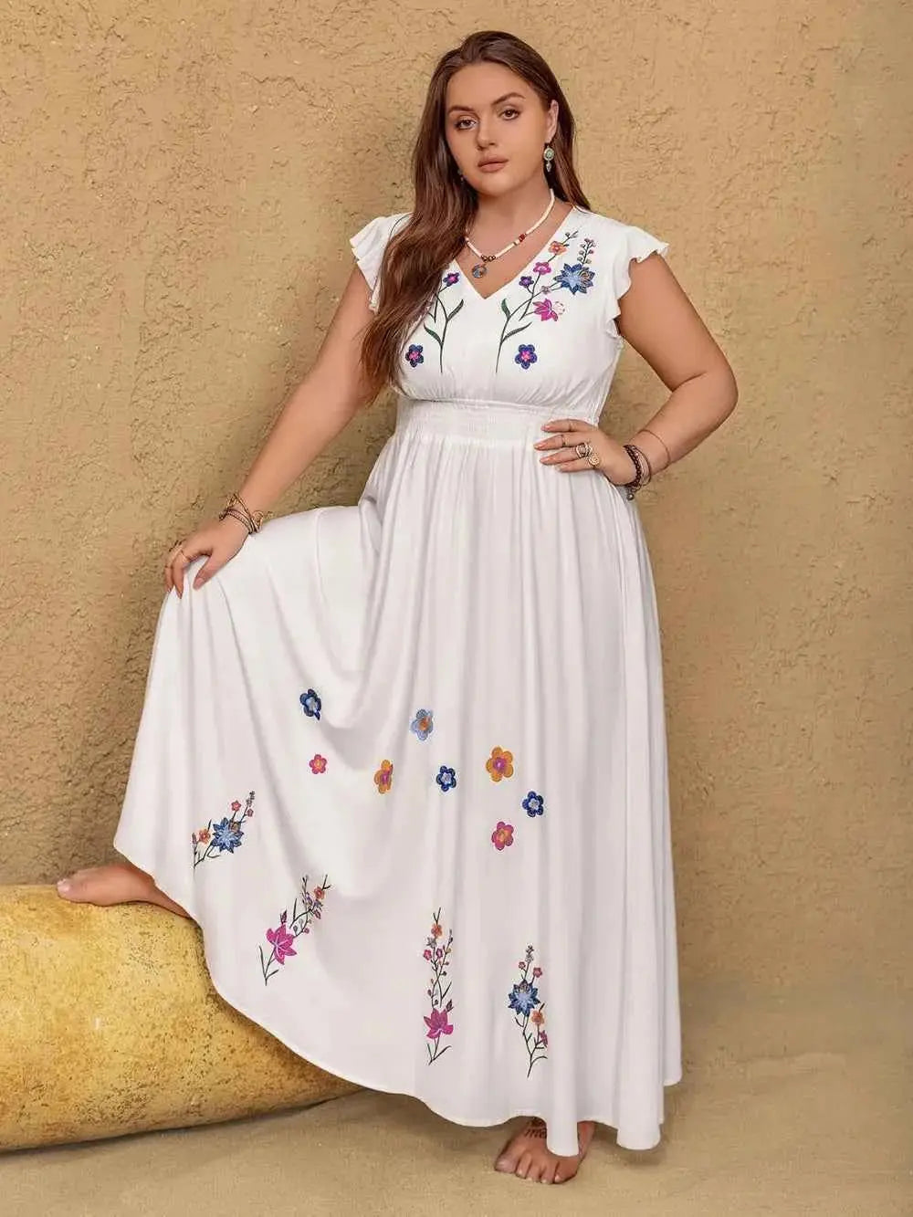 Plus Size Embroidered Floral V-Neck Cap Sleeve Maxi Dress