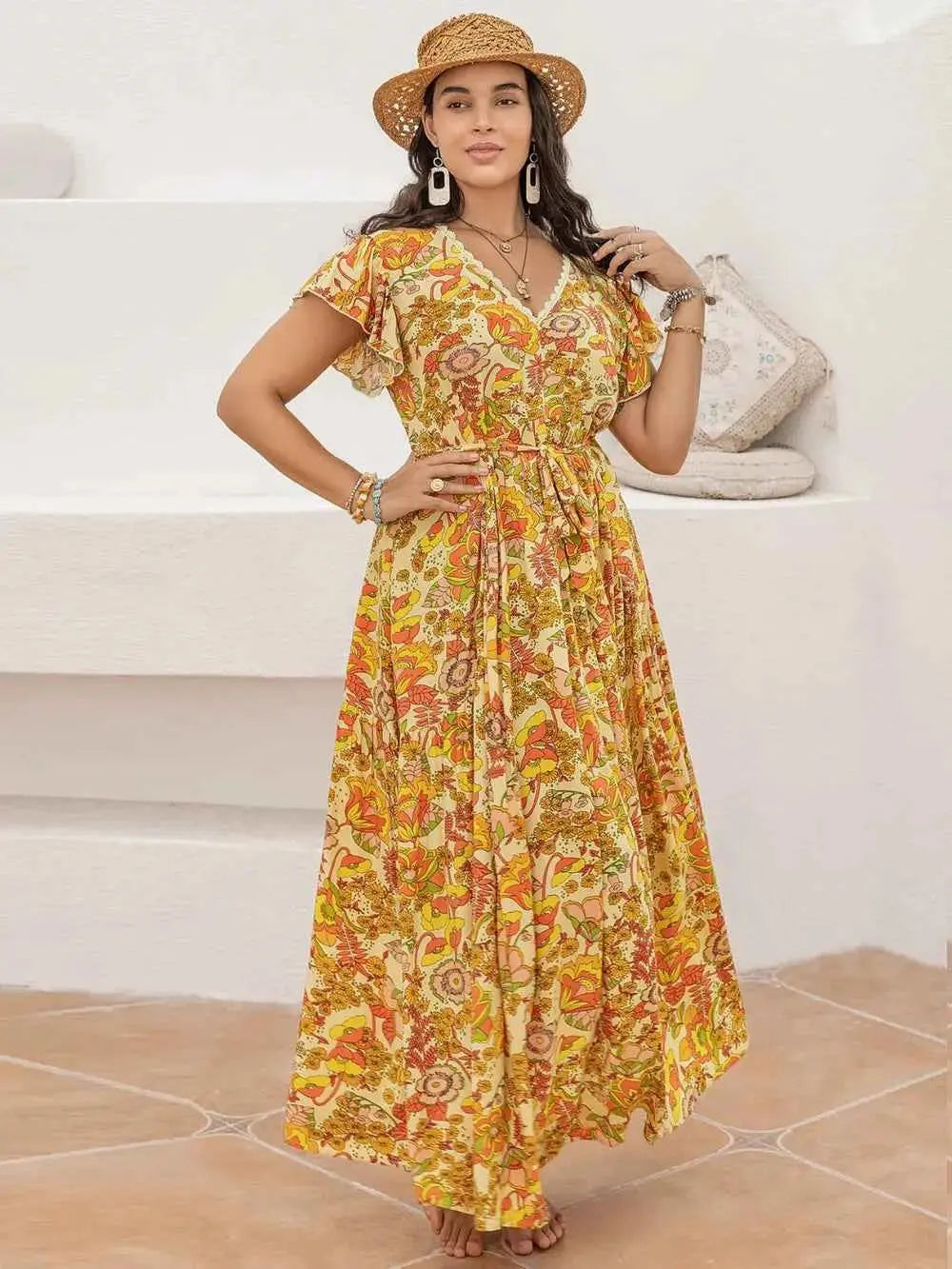 Plus Size Printed V-Neck Flutter Sleeve Tie Waist Maxi Dress
