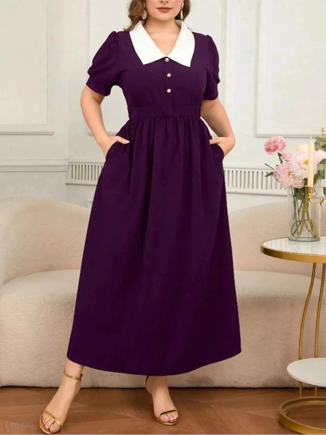 Plus Size Contrast Collar Short Sleeve Dress
