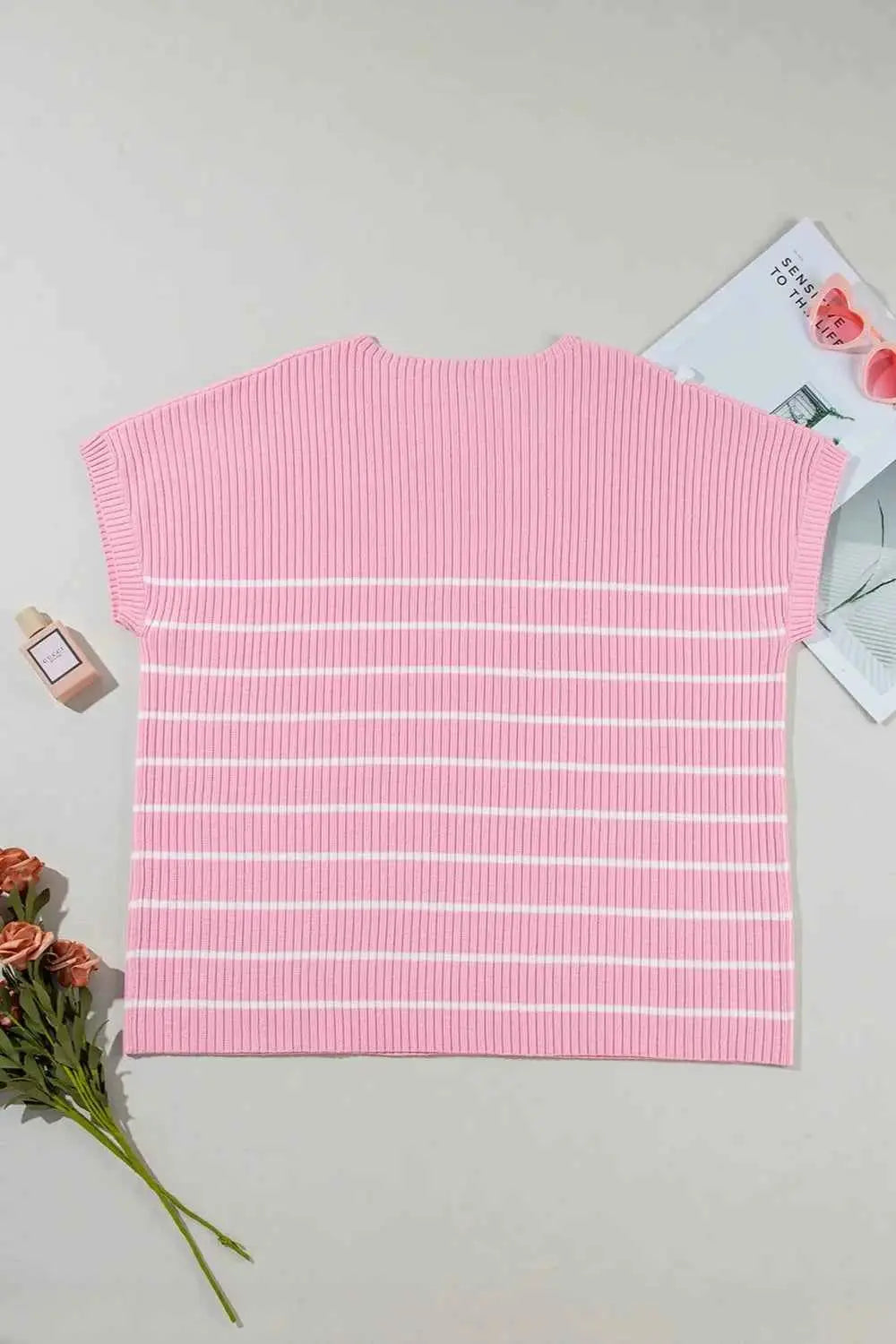 Plus Size Striped Round Neck Cap Sleeve Knit Top
