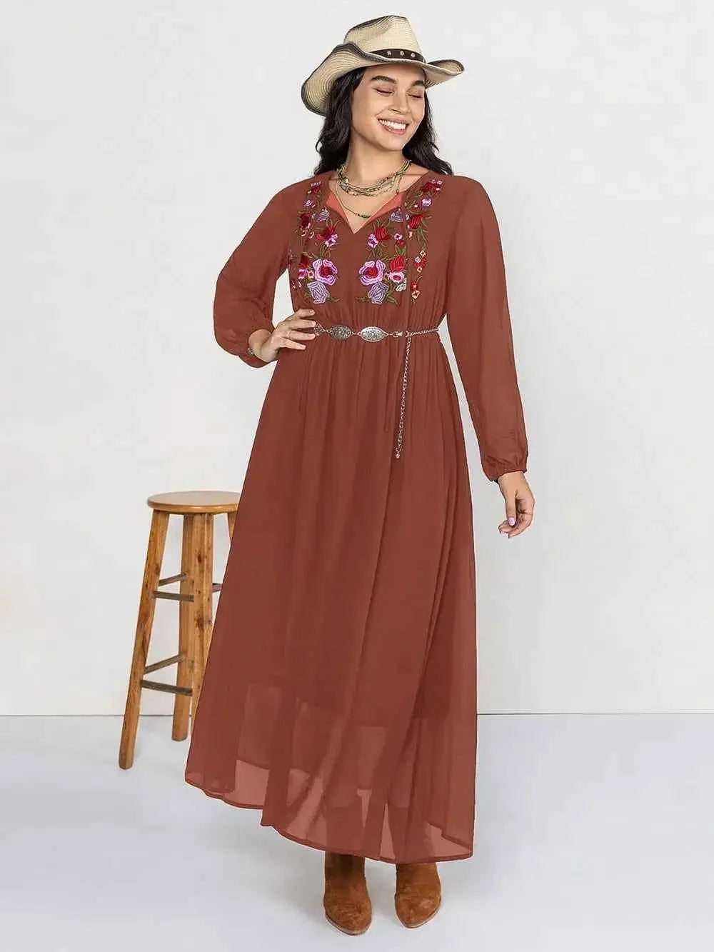 Plus Size Embroidered Tie Neck Long Sleeve Dress