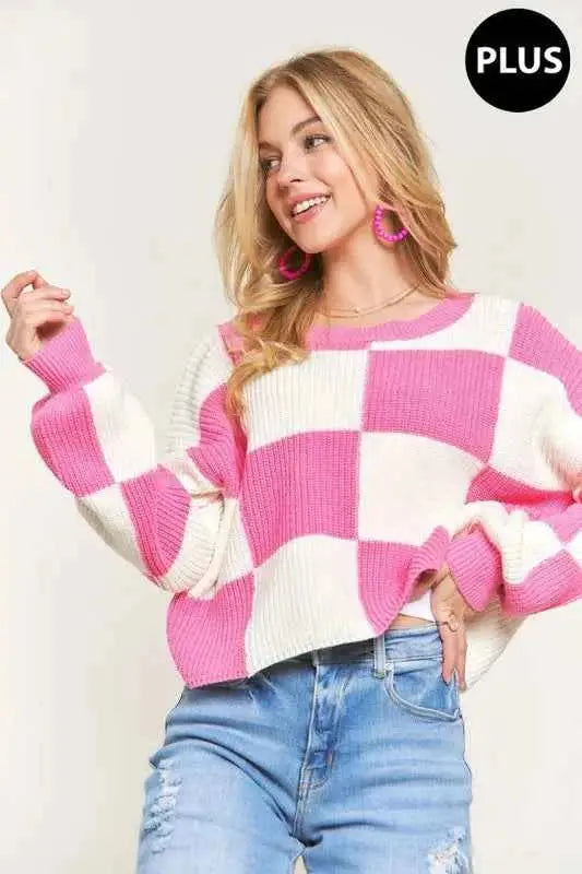 ADORA Plus Size Comfy Checkered Colorblock Sweater Top