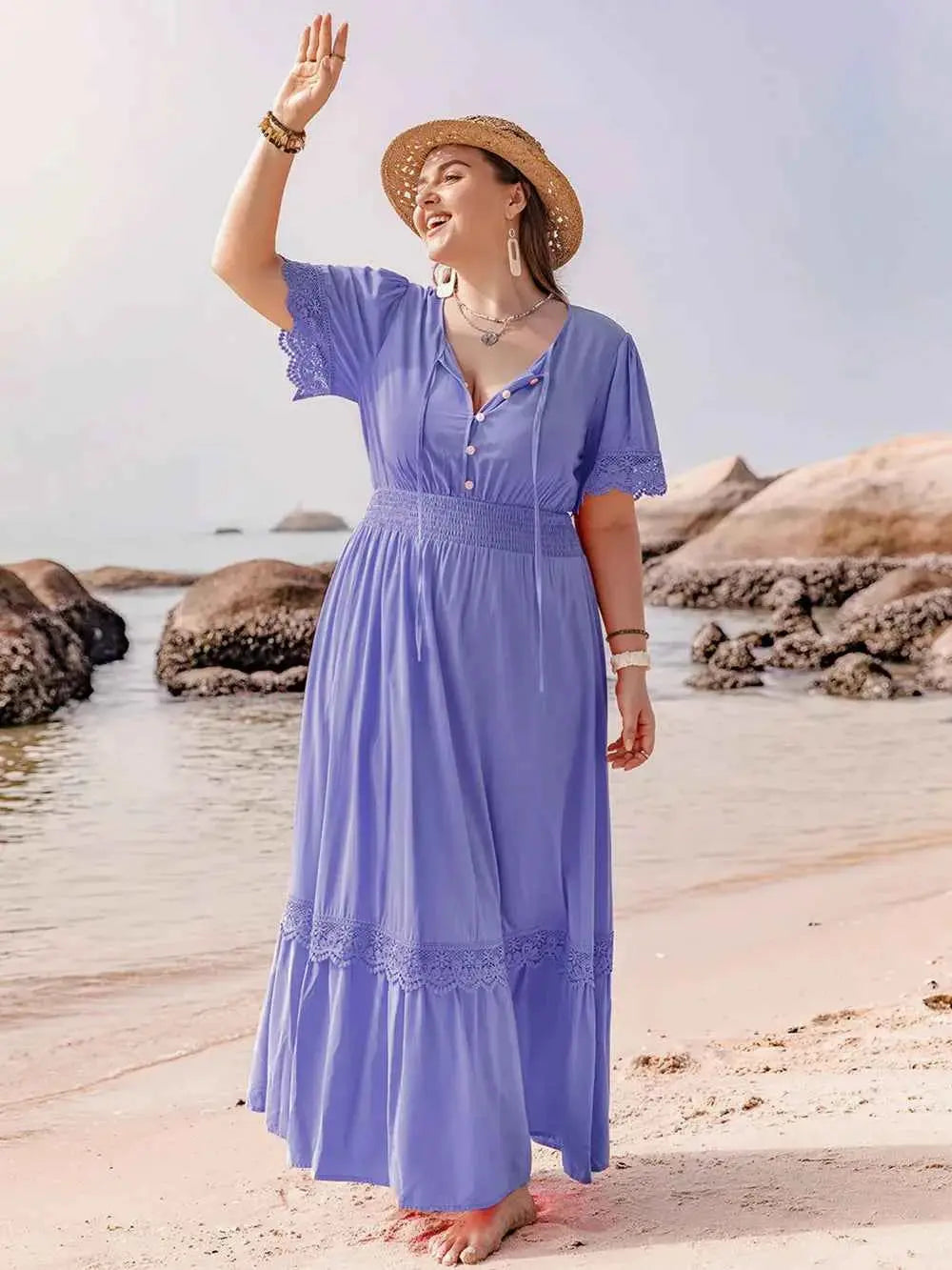 Plus Size Lace Detail Tie Neck Short Sleeve Maxi Dress