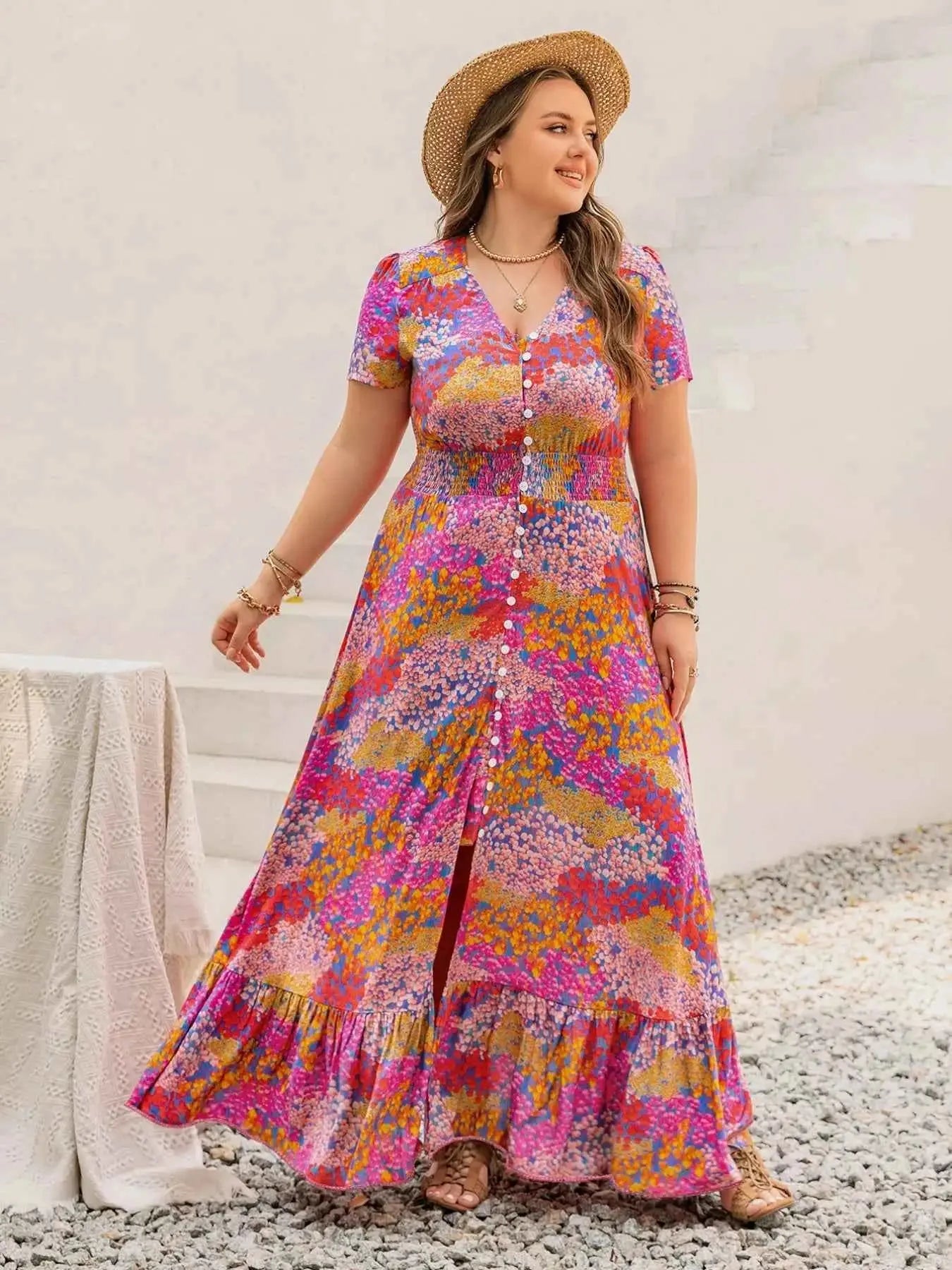 Plus Size Printed V-Neck Short Sleeve Maxi Dress