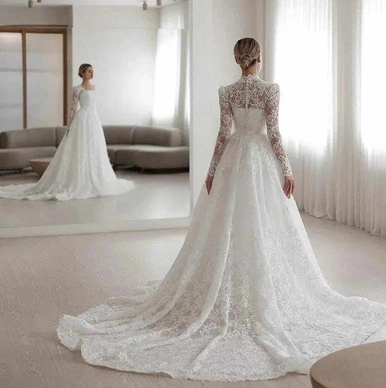 Plus size Embroidered Long Sleeve Trailing Wedding Dress - Shidly