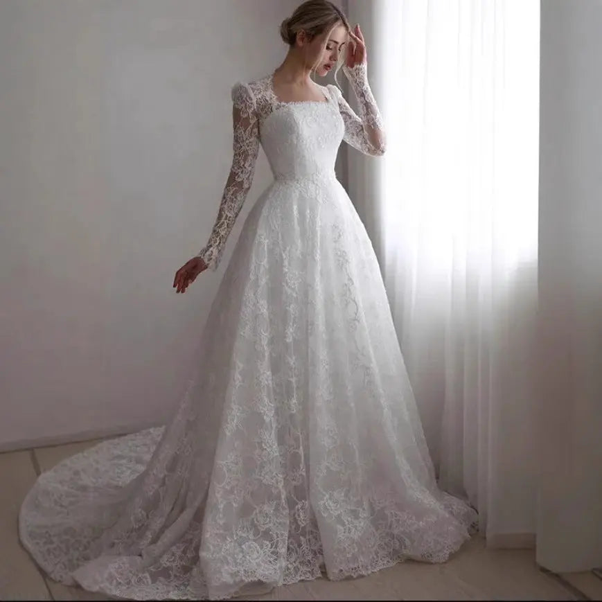 Plus size Embroidered Long Sleeve Trailing Wedding Dress - Shidly