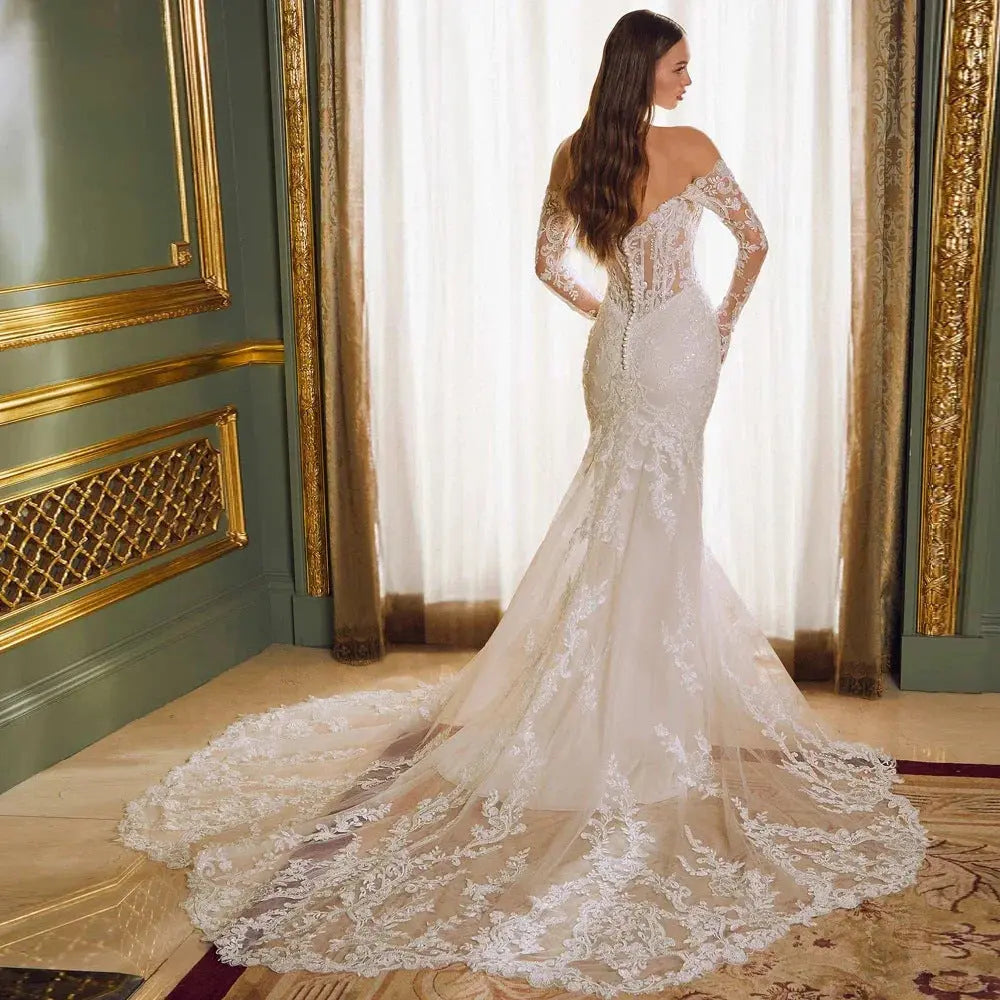 Plus size Off-shoulder Lace Long Sleeve Fishtail Gown - Shidly