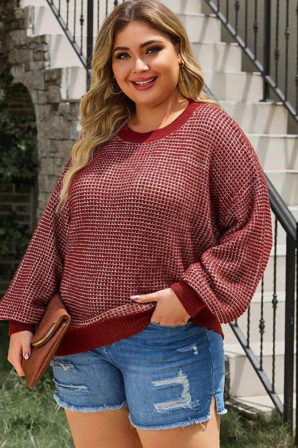 Plus Size Waffle-Knit Round Neck Dropped Shoulder Sweater
