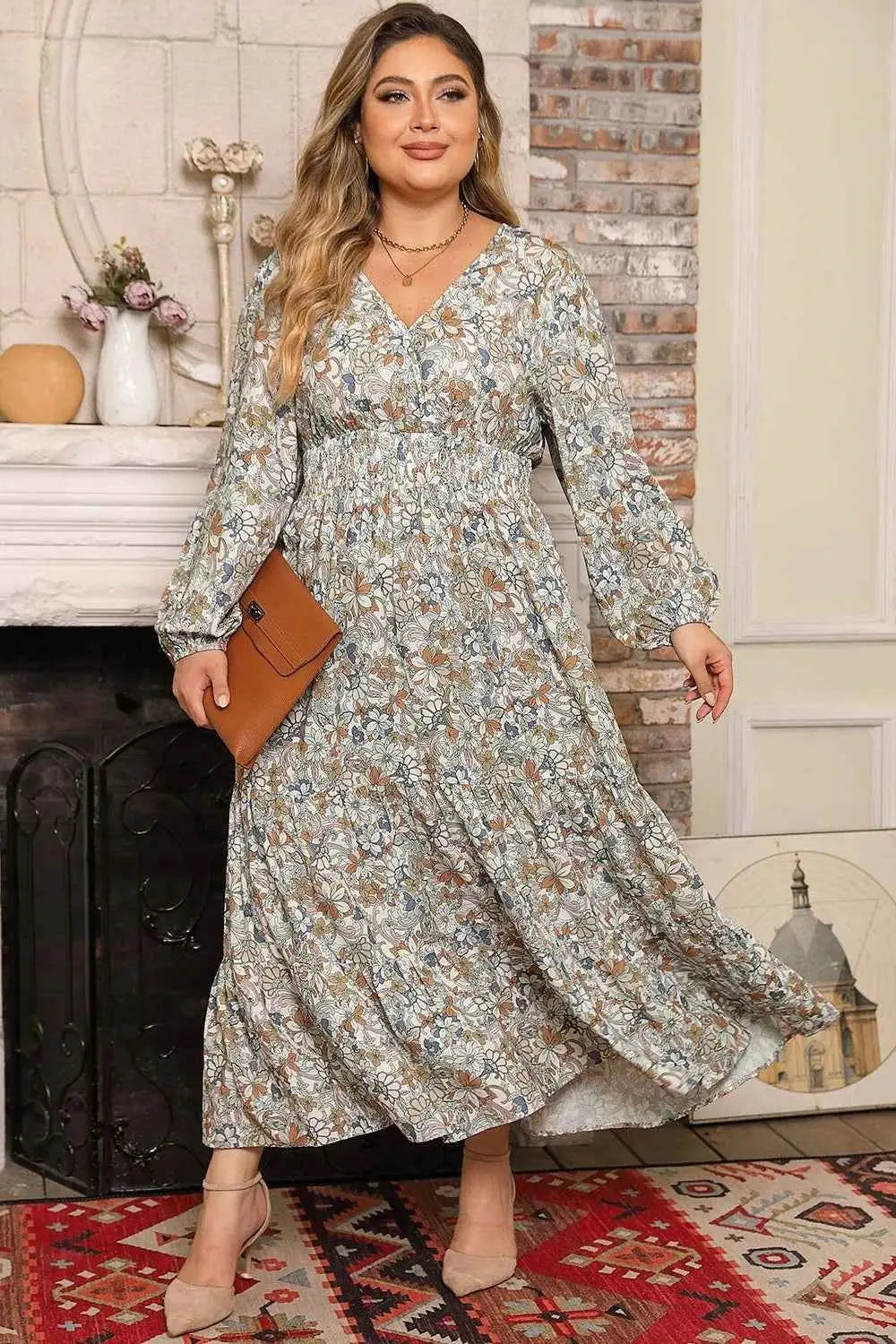 Plus Size Printed Balloon Sleeve Ruffle Hem Dress