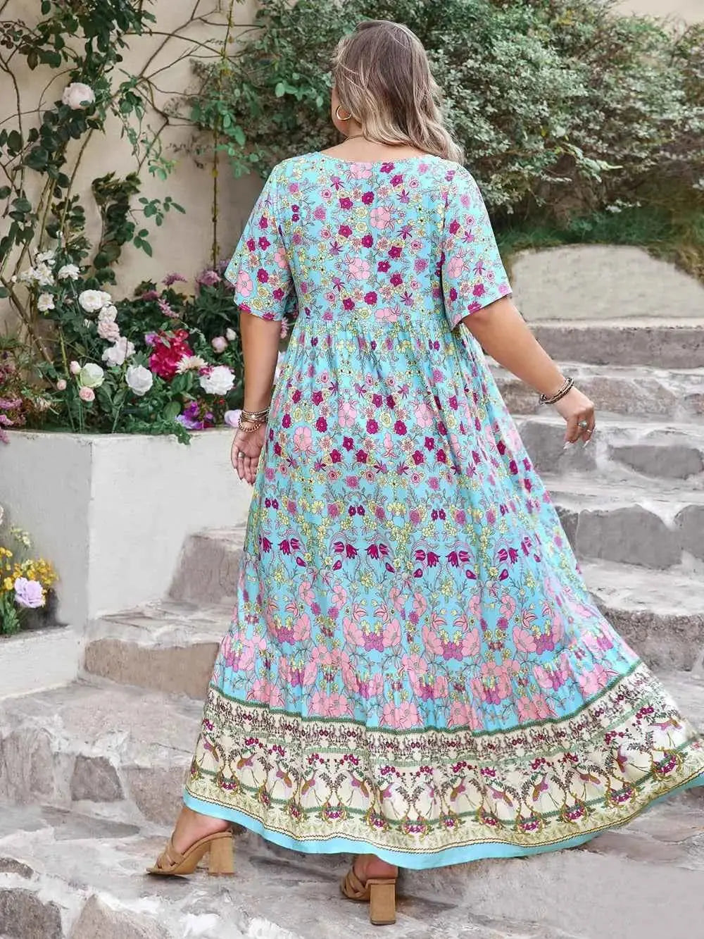 Plus Size Printed Tie Neck Flutter Sleeve Maxi Dress