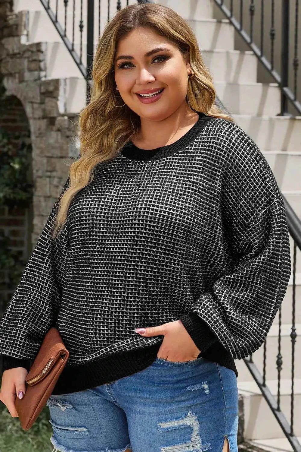 Plus Size Waffle-Knit Round Neck Dropped Shoulder Sweater