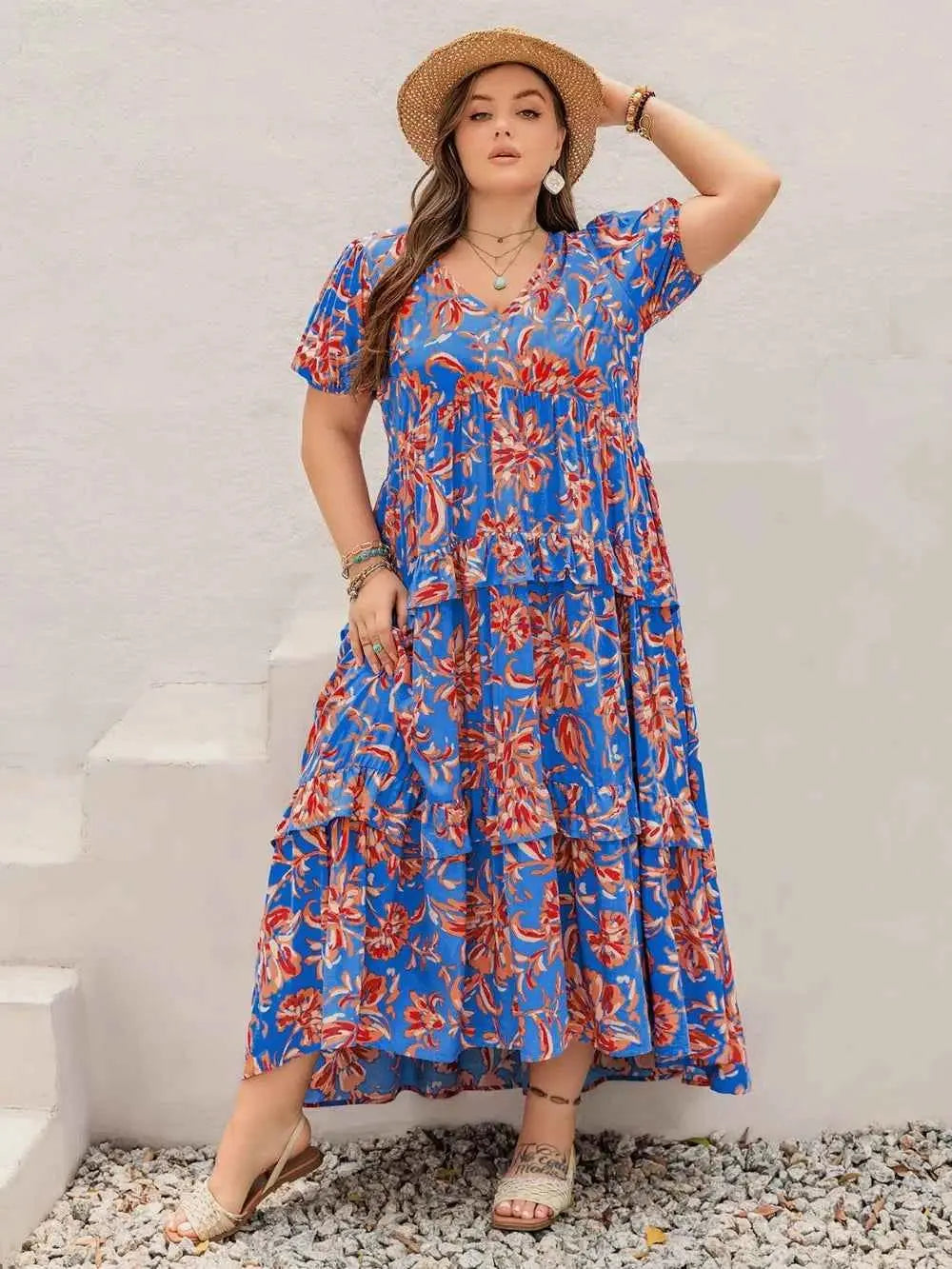 Plus Size Ruffled Printed V-Neck Short Sleeve Maxi Dress