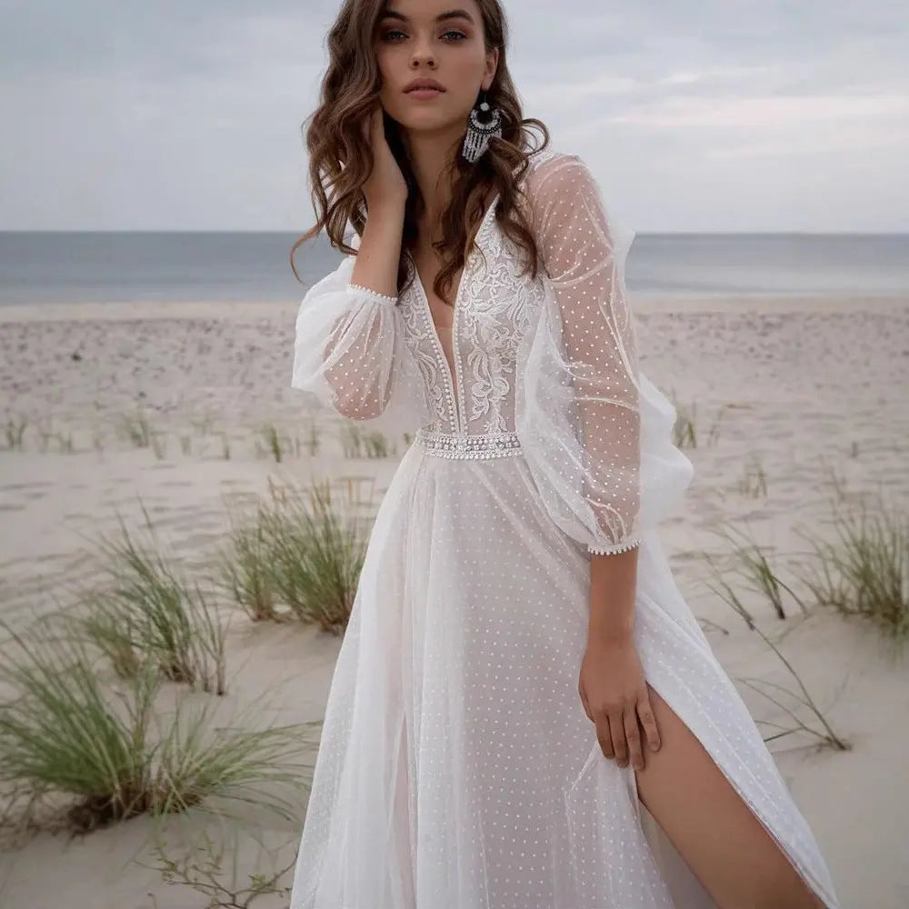 Plus size Wish Mesh Split New Light Women's Wedding Dress - Shidly