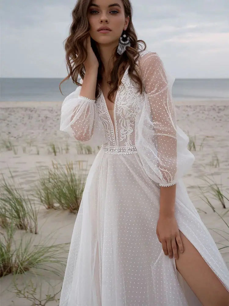 Plus size Wish Mesh Split New Light Women's Wedding Dress - Shidly