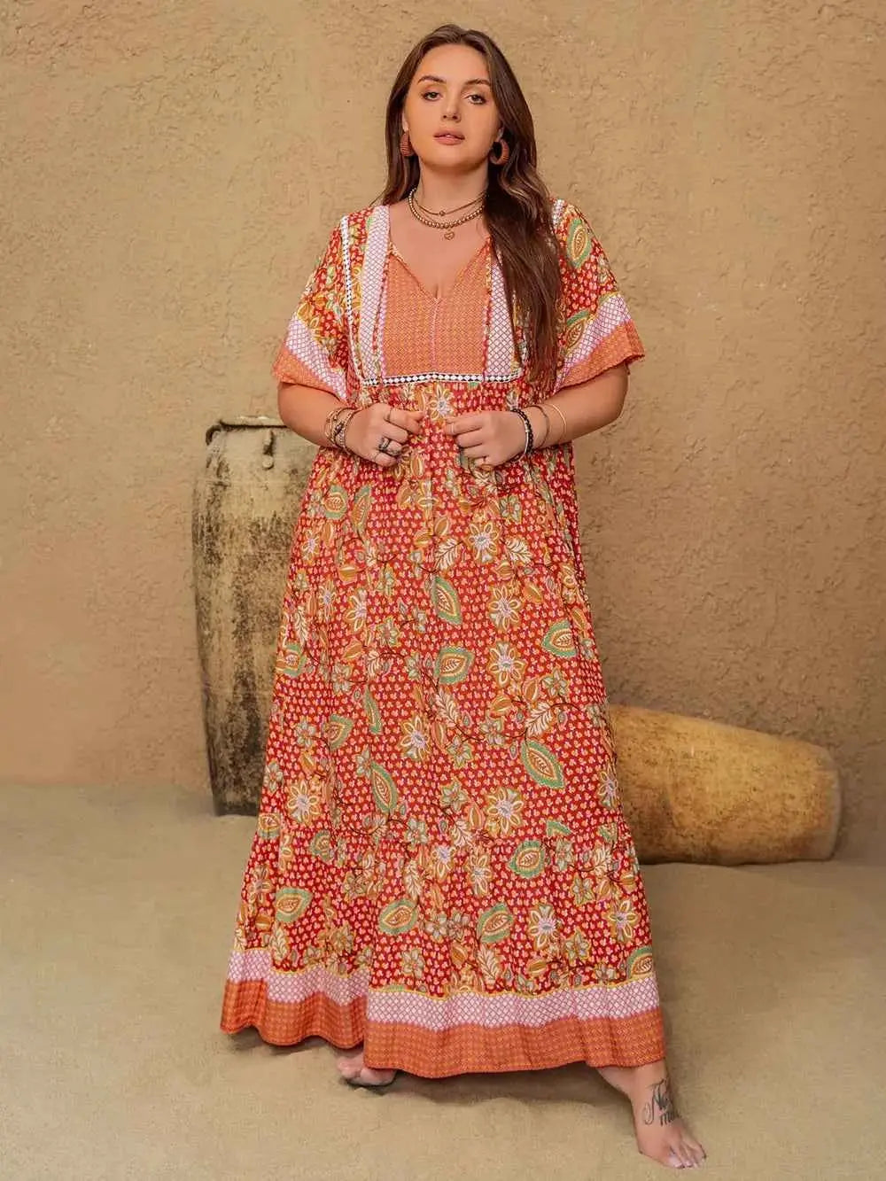 Plus Size Printed Tie Neck Flutter Sleeve Maxi Dress