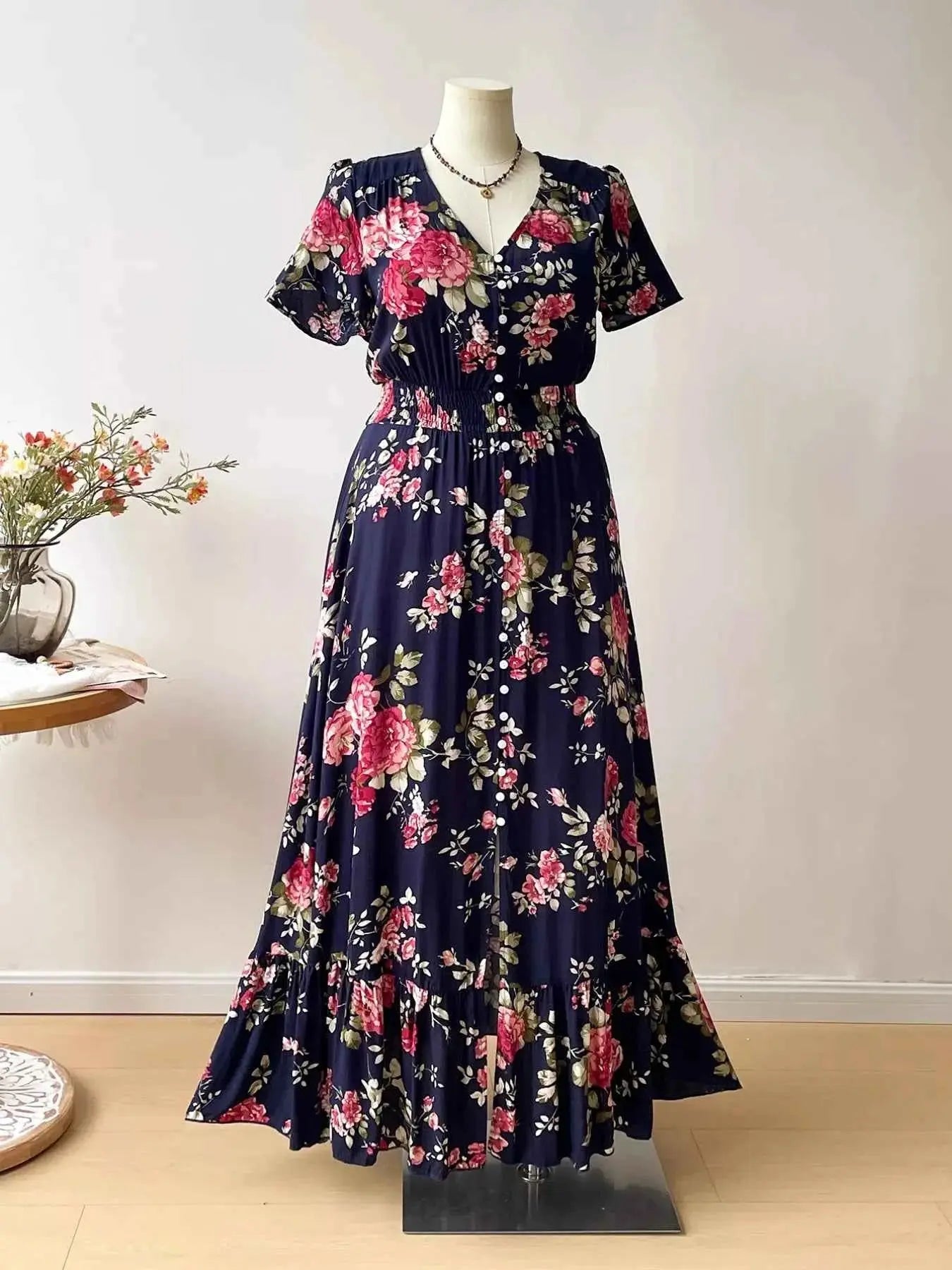 Plus Size Floral Print Short Sleeves V-Neck Dress