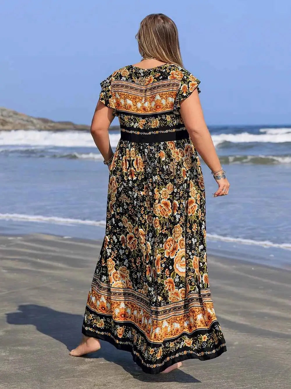 Plus Size Printed V-Neck Ruffle Cap Sleeve Maxi Dress