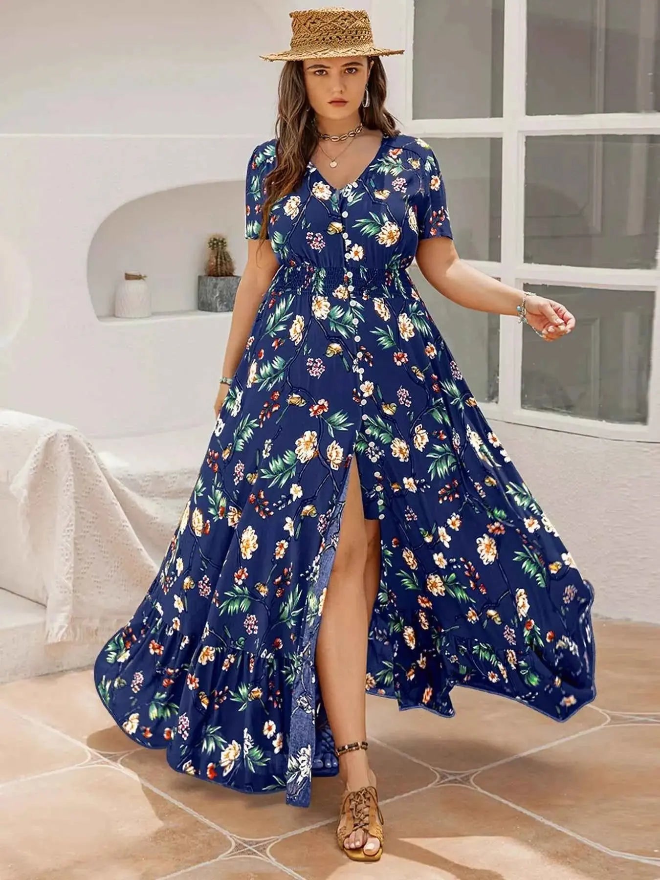 Plus Size Floral V-Neck Short Sleeve Maxi Dress